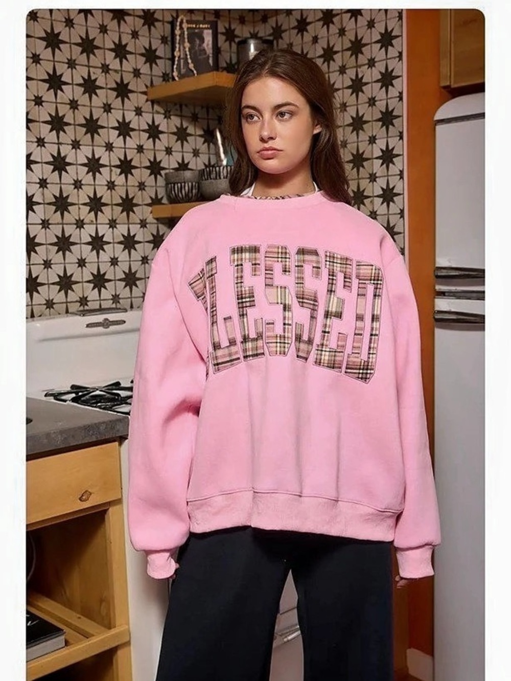 Bucket List Blessed Plaid Applique Varsity Sweatshirt Pink Size S/M